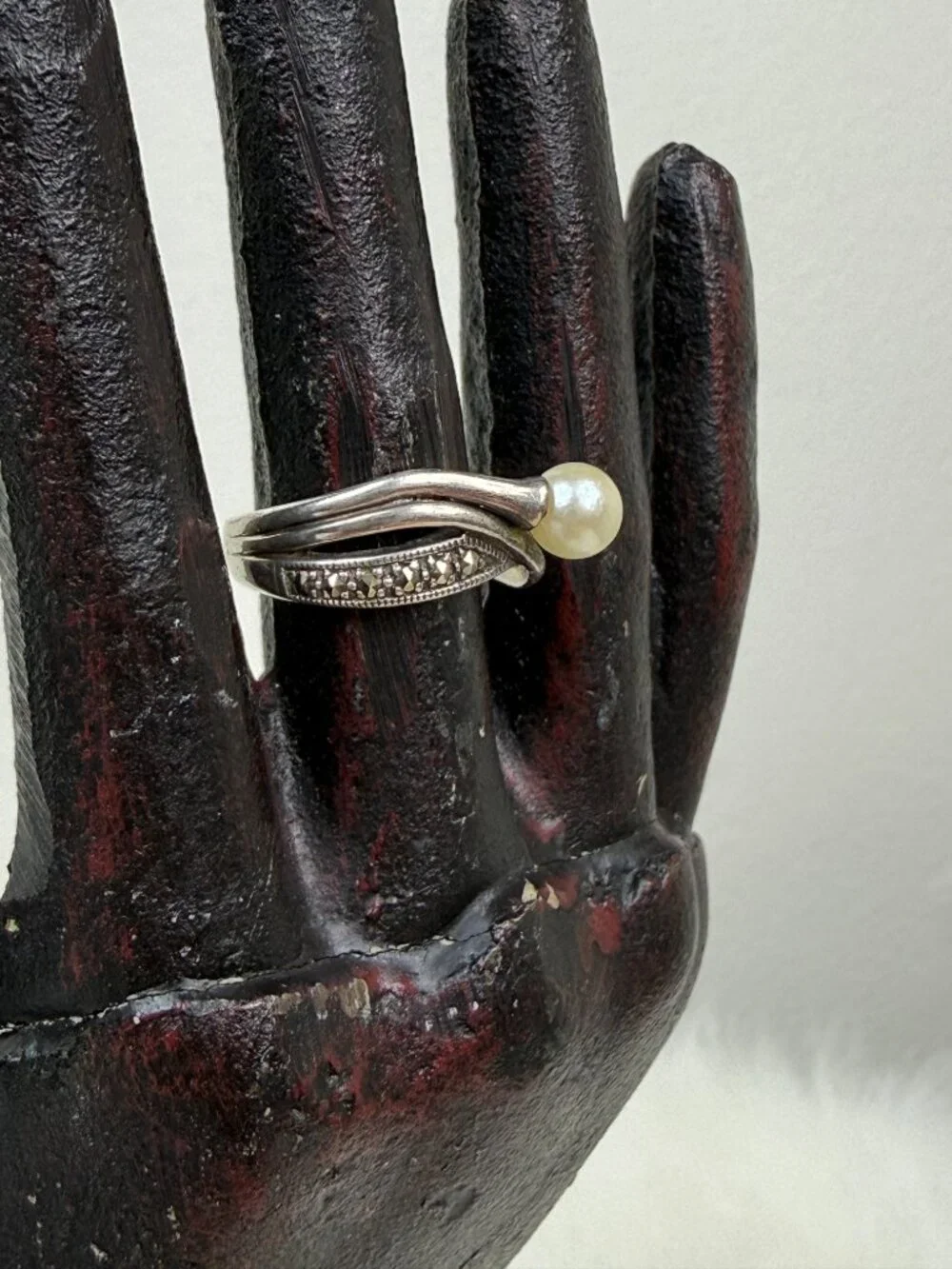 Sterling Silver Marcasite & Faux Pearl Ring Size 6.5